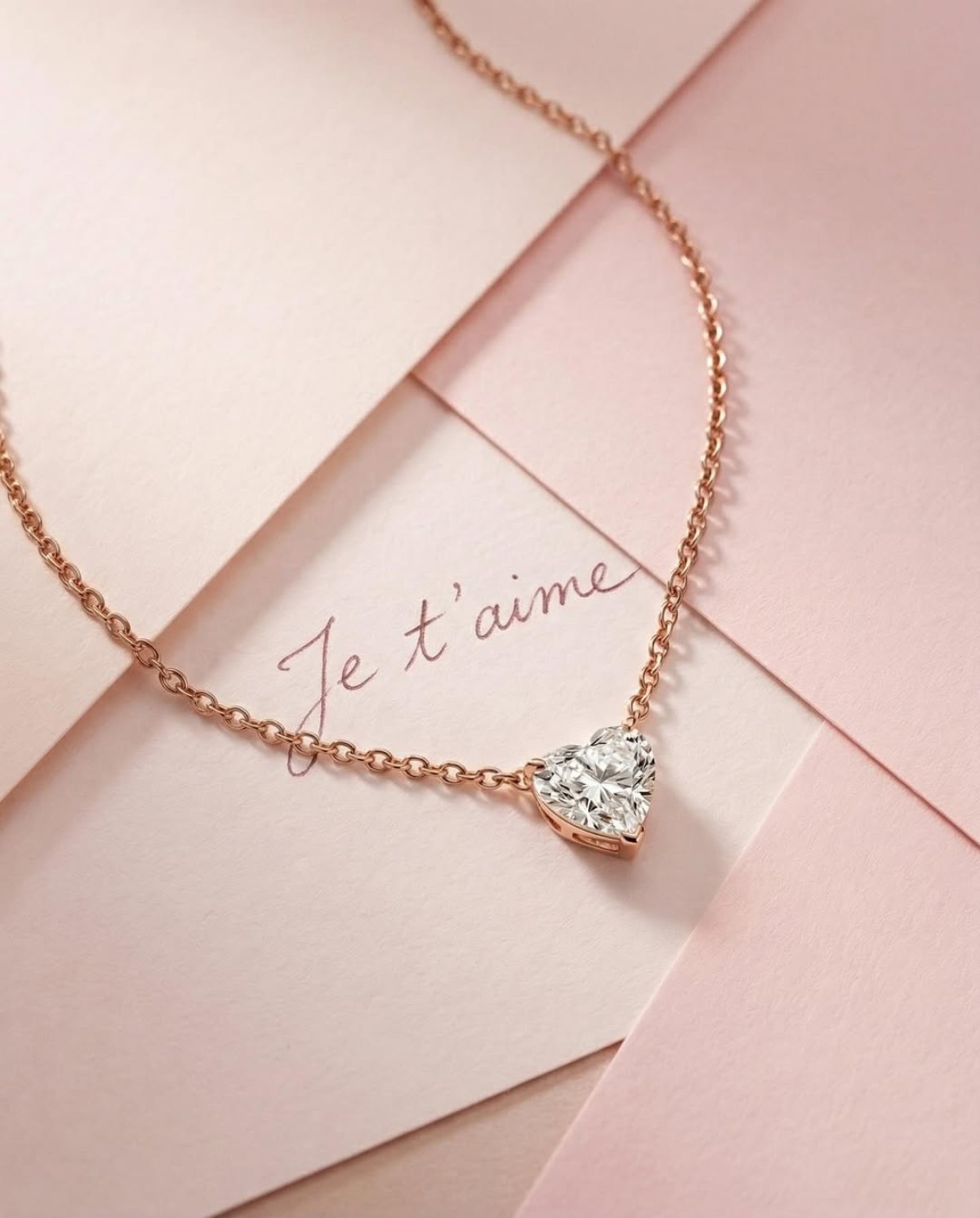 Collar de oro rosa con colgante de corazón con diamante sobre tarjeta “Te quiero”, regalo para boda romántico y simbólico.