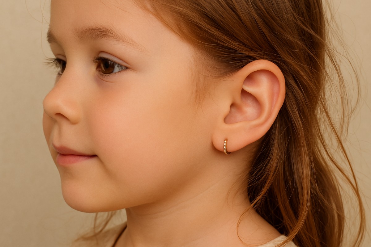 Klein meisje met een mini oorring van 18 karaat roségoud, een discreet, comfortabel en veilig Celinni-sieraad.