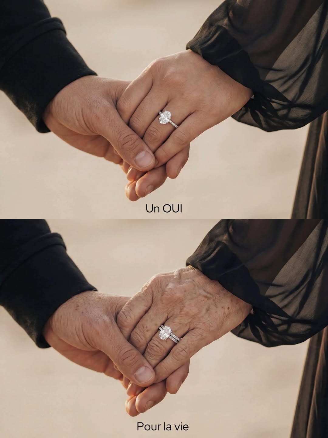 Main d’un couple se tenant avec une bague de fiançailles diamant solitaire, illustrant une demande en mariage et un engagement durable