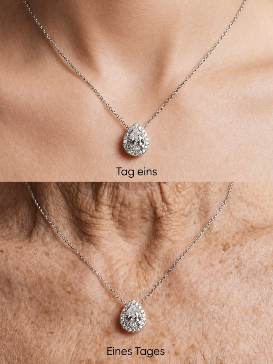 Birnenförmiger Diamantanhänger mit Halo-Fassung, von jung bis alt getragen, Symbol eines GIA-zertifizierten Schmuckstücks, das über Generationen weitergegeben wird