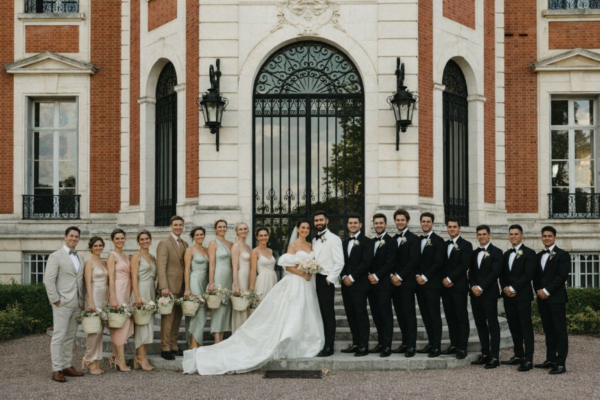 Invitados y novios reunidos frente a un lugar de recepción con vestido invitada boda y trajes elegantes en un entorno sofisticado