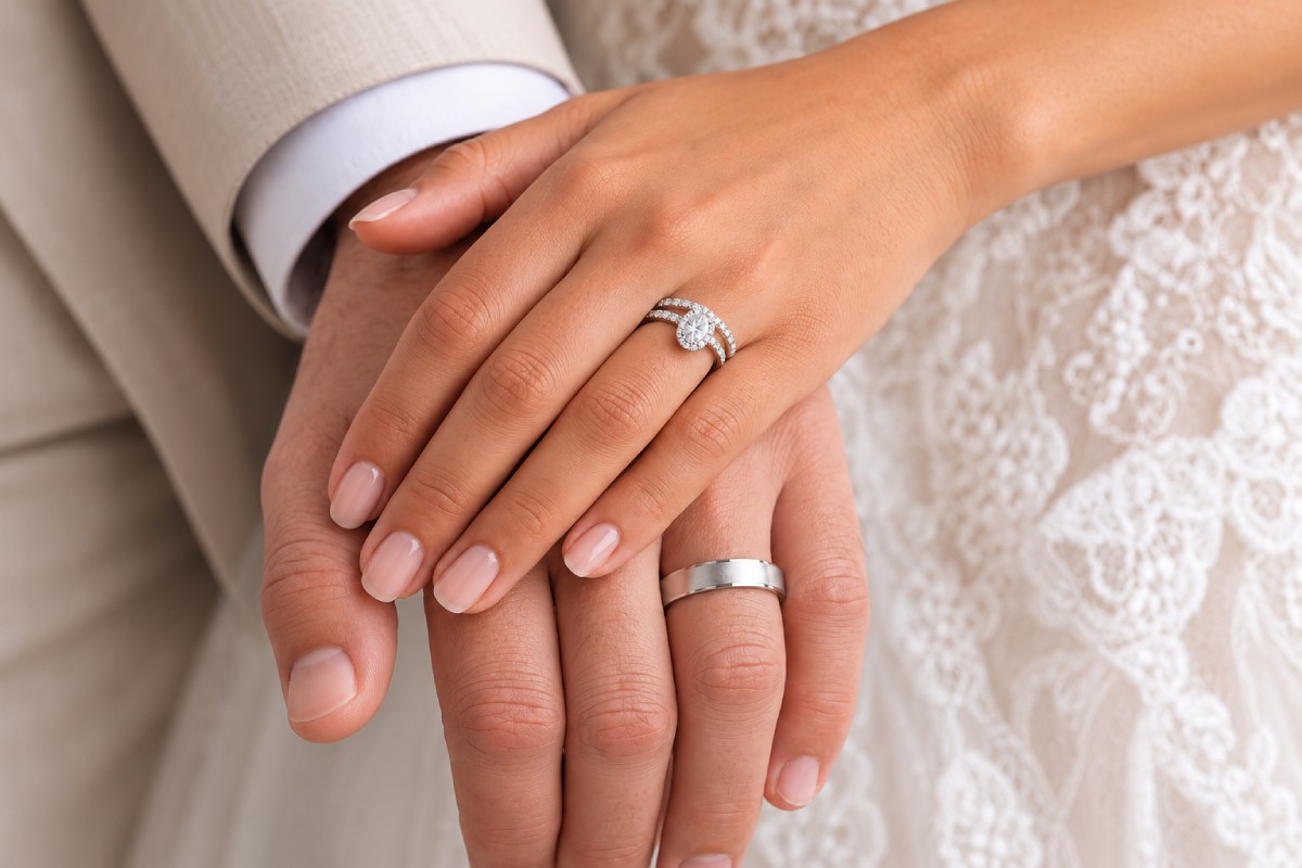 Hände eines Brautpaares mit einem Solitär-Verlobungsring aus Diamant und eleganten Eheringen als Symbol ihrer Liebe und Hochzeit.