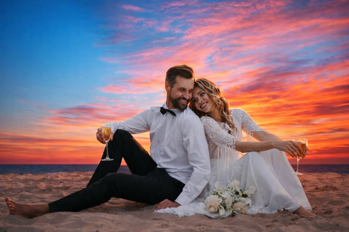Recién casados compartiendo un instante romántico al atardecer para celebrar sus 7 meses de matrimonio y la simbología de las bodas de organdí.