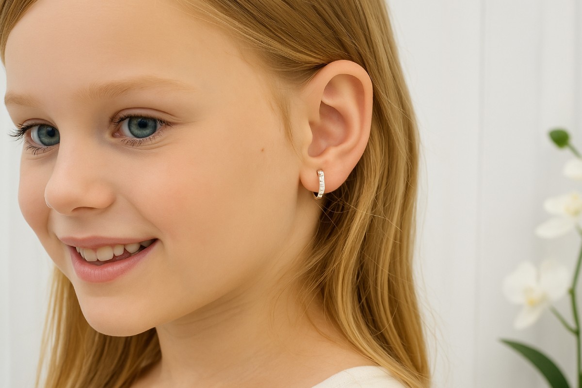 Lachend meisje met een fijne oorring van 18 karaat witgoud, een discrete en elegante Celinni-sieraad.