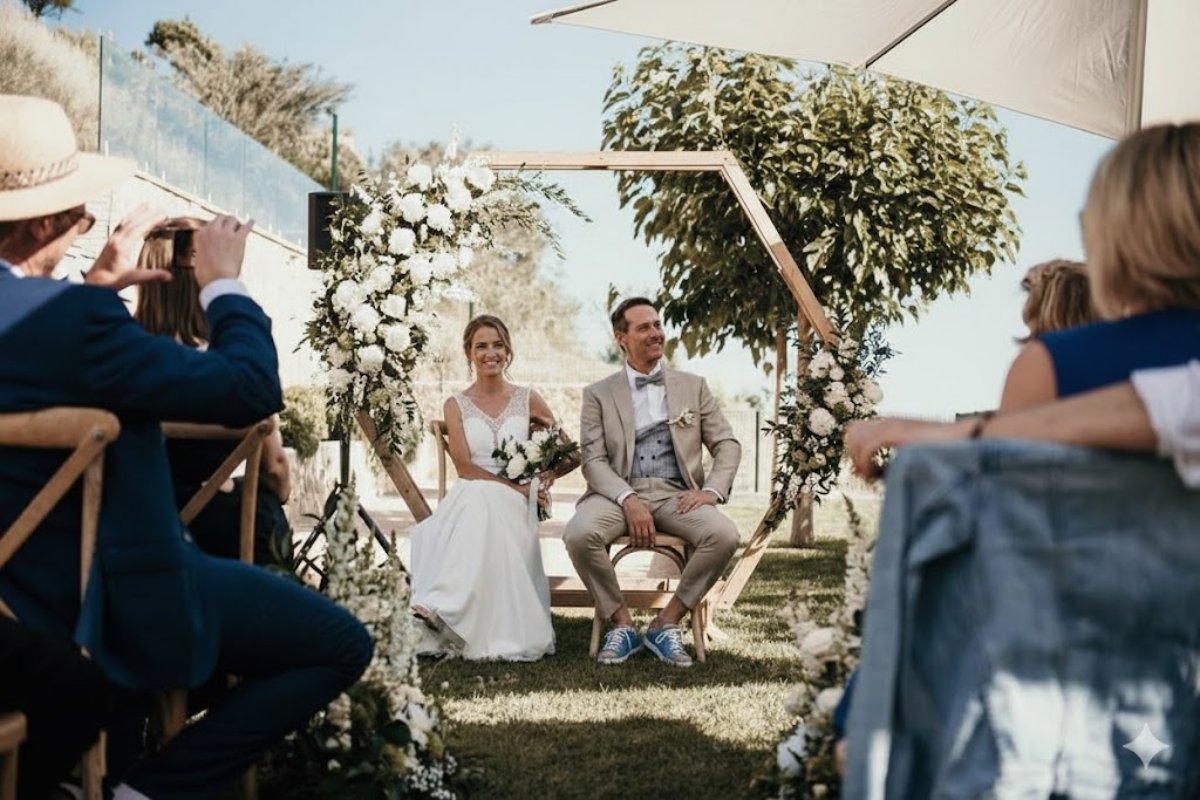 Novia y novio durante una ceremonia de boda al aire libre, ilustrando las tradiciones del matrimonio y los símbolos de buena suerte que acompañan la unión