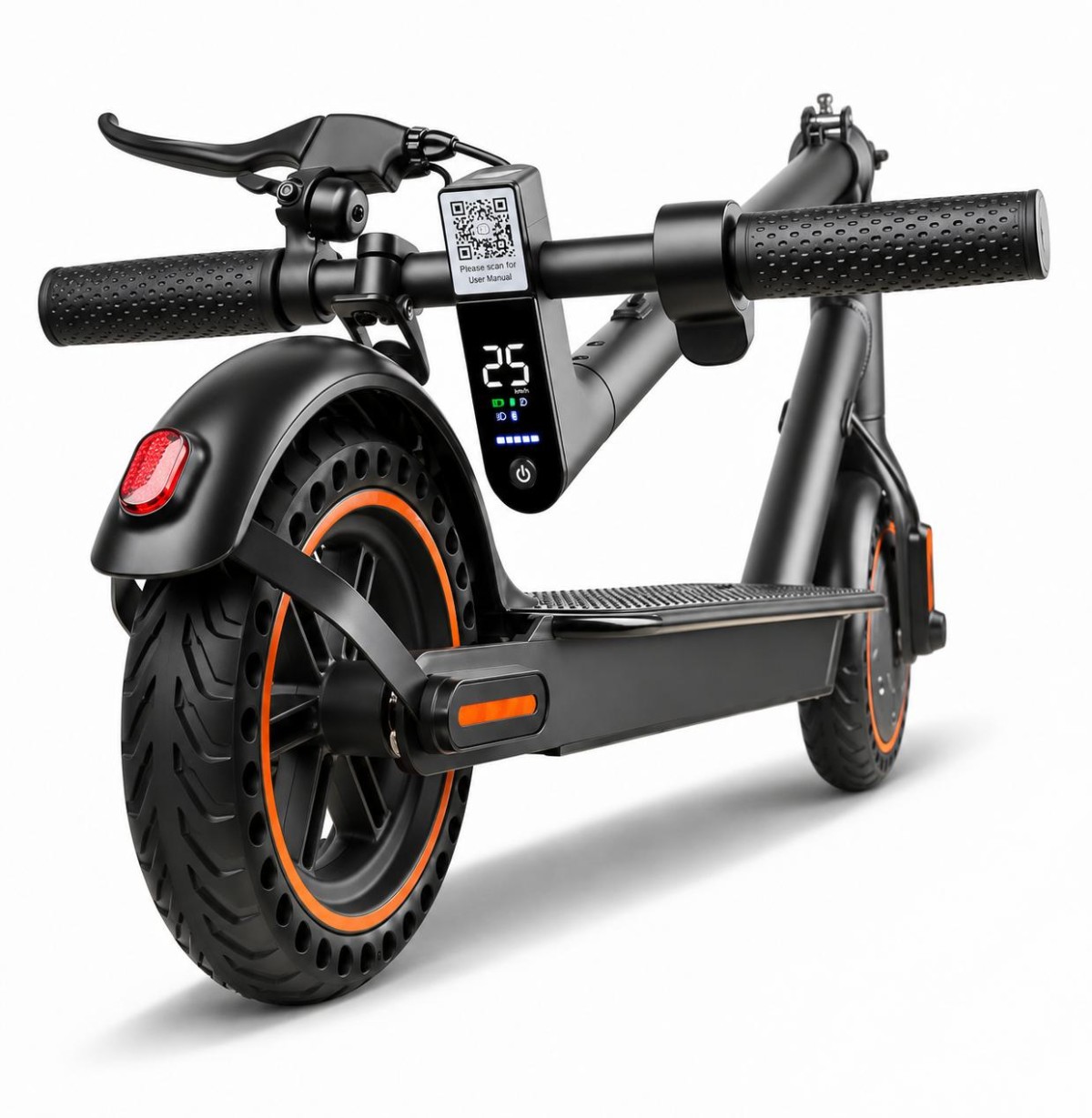 Trottinette électrique noire aux détails orange, avec écran et plateau antidérapant, offerte dès 1 990 € d'achat chez Celinni.